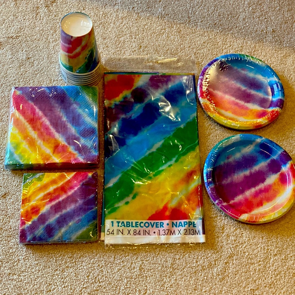 Unique disposable rainbow paper plates, tablecloth, cups, & napkins, multicolor